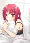 1girl angel_beats! barefoot bed bed_sheet blurry depth_of_field iwasawa looking_at_viewer lying nakamura_hinato on_stomach parted_lips pillow red_eyes red_hair short_hair sleepwear solo sparkle strap_slip window 
