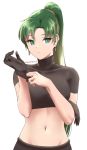  1girl adjusting_clothes adjusting_gloves alternate_costume bangs black_gloves breasts cowboy_shot crop_top earrings expressionless fire_emblem fire_emblem:_rekka_no_ken gloves gloves_removed green_eyes green_hair jewelry long_hair looking_at_viewer lyndis_(fire_emblem) medium_breasts midriff navel nintendo parted_bangs ponytail short_sleeves simple_background single_glove skeptycally solo taut_clothes turtleneck twitter_username white_background 