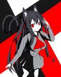  1girl animal_ear_fluff animal_ears ascot bangs black_hair breasts cat_ears cat_girl cat_tail chisuzu_mei collared_shirt commentary_request eyebrows_visible_through_hair grey_shirt grey_skirt hair_between_eyes hair_ribbon hand_up highres long_hair long_sleeves looking_at_viewer medium_breasts multiple_tails nagato-chan parted_lips paryi_project pleated_skirt red_eyes red_neckwear red_ribbon ribbon shirt skirt solo tail tail_raised two_side_up two_tails v-shaped_eyebrows very_long_hair virtual_youtuber 