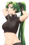  1girl adjusting_hair alternate_costume arms_up bangs black_gloves breasts cowboy_shot crop_top earrings fire_emblem fire_emblem:_rekka_no_ken gloves green_eyes green_hair jewelry long_hair looking_at_viewer lyndis_(fire_emblem) medium_breasts midriff mouth_hold navel nintendo parted_bangs ponytail profile short_sleeves simple_background skeptycally smile solo taut_clothes turtleneck twitter_username white_background 