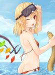  1girl animal arm_up ass bangs bare_arms bare_shoulders bikini blonde_hair blue_sky blush breasts butt_crack cloud commentary_request cowboy_shot crystal day eel flandre_scarlet goggles goggles_on_head hair_between_eyes halterneck highres holding holding_animal long_hair looking_at_viewer miyo_(ranthath) moray_eel no_hat no_headwear one_eye_closed one_side_up open_mouth outdoors red_bikini red_eyes side-tie_bikini sky small_breasts solo standing swimsuit touhou untied untied_bikini wading water wings 