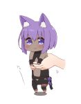  1girl :3 animal_ear_fluff animal_ears bangs bare_shoulders barefoot black_bodysuit black_sleeves blush bodysuit cat_ears center_opening chibi closed_mouth dark_skin detached_sleeves eyebrows_visible_through_hair fate/prototype fate/prototype:_fragments_of_blue_and_silver fate_(series) hair_between_eyes hassan_of_serenity_(fate) holding i.u.y kemonomimi_mode long_sleeves longcat out_of_frame purple_eyes purple_hair shadow sleeves_past_wrists solo_focus white_background 