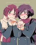  2girls :q akiyama_yukari backpack bag baozi blue_coat blush brown_eyes brown_hair carrying commentary eating eyebrows_visible_through_hair food food_on_face fringe_trim girls_und_panzer long_sleeves messy_hair multiple_girls nishizumi_miho ooarai_school_uniform red_scarf romaji_text scarf school_bag school_uniform steam tongue tongue_out twitter_username white_scarf winter_uniform yukataro 