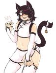  1boy animal_ears bell bulge cat_boy cat_ears cat_tail eating gloves jingle_bell male_focus nail_polish red_eyes senatorwong tail thighhighs 