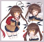  1girl antenna_hair bag bangs brown_hair candy commentary_request eyebrows_visible_through_hair eyes_closed finesoda food girls_frontline gradient_hair heart holding_lollipop lollipop long_hair long_sleeves lying m14_(girls_frontline) multicolored_hair multiple_views on_side open_mouth pleated_skirt red_hair school_bag skirt sleeping twintails two-tone_hair wide_sleeves yellow_eyes younger 