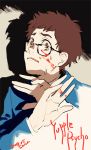  1boy black-framed_eyewear blood blood_on_face blue_suit brian_pasternack brown_eyes brown_hair business_suit copyright_name dated formal glasses male_focus scared shadow solo suit sweat thus000 yuppie_psycho 