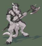  animal_genitalia anthro axe balls belt fur hair male melee_weapon mostly_nude navel rokemi sergal sheath simple_background solo standing weapon 