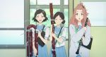  3girls :d :o bassoon black_hair blouse blue_skirt brown_hair cardigan contrabassoon double_bun eyes_closed folder green_neckwear green_sailor_collar grey_cardigan hair_ornament hibike!_euphonium instrument kabutodani_eru kenzaki_ririka koteyama_suruga liz_to_aoi_tori multiple_girls neckstrap oboe open_mouth sailor_collar school_uniform screencap serafuku skirt smile star star_hair_ornament white_blouse window 