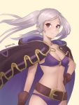  1girl belt bikini breasts brown_eyes brown_gloves cleavage closed_mouth female_my_unit_(fire_emblem:_kakusei) fire_emblem fire_emblem:_kakusei fire_emblem_heroes gloves highres jewelry medium_breasts my_unit_(fire_emblem:_kakusei) necklace nintendo o-ring o-ring_bikini simple_background smile solo spiffydc swimsuit twintails twitter_username white_hair 
