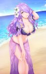  alternate_costume bare_legs beach bikini breasts camilla_(fire_emblem_if) cleavage cloud cloudy_sky collarbone cowboy_shot day diva20197 eyebrows_visible_through_hair fire_emblem fire_emblem_heroes fire_emblem_if floral_print flower hair_flower hair_ornament hair_over_one_eye hand_in_hair large_breasts lavender_hair leaning_forward long_hair looking_at_viewer nail_polish navel nintendo o-ring o-ring_bikini o-ring_bottom o-ring_top ocean outdoors parted_lips purple_bikini purple_eyes purple_nails sand sarong see-through sky smile standing swimsuit wavy_hair 