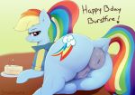  anus butt cake clothing dialogue dock earth_pony english_text equid equine female feral food friendship_is_magic horse huge_anus mammal my_little_pony pony pussy rainbow_dash_(mlp) simple_background smile snuckums solo text 