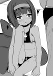  1boy 1girl absurdres ankh bangs bare_arms bare_legs bare_shoulders barefoot blush crescent dark_skin eyebrows_visible_through_hair greyscale hairband heart highres knee_up looking_at_another looking_away looking_to_the_side male_underwear monochrome nose_blush original out_of_frame panties parted_lips side-tie_panties sitting solo_focus toy_box-r underwear 