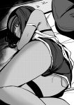  1girl absurdres ass bangs bare_shoulders blush camisole dark_skin eyebrows_visible_through_hair eyes_closed greyscale hairband highres lying monochrome nose_blush on_side original short_shorts shorts sleeping solo strap_slip thigh_strap toy_box-r zzz 
