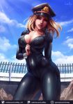  1girl arm_behind_back blonde_hair bodysuit boku_no_hero_academia breasts brown_eyes cleavage cloud hat lips looking_at_viewer luminyu outdoors patreon_username signature sky standing twitter_username unzipping utsushimi_kemii zipper 