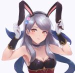  1girl alternate_costume animal_ears breasts bunny_ears choker cleavage fake_animal_ears fire_emblem fire_emblem:_akatsuki_no_megami fire_emblem_heroes flower gloves hair_flower hair_ornament leonmandala long_hair micaiah nintendo parted_lips silver_hair simple_background solo upper_body white_background white_gloves yellow_eyes 