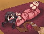  1boy 1girl anger_vein angry arms_behind_back barefoot bdsm blush bondage bound brown_hair carpet crotch_rope eudetenis feet gag highres humiliation kono_subarashii_sekai_ni_shukufuku_wo! lying megumin on_floor on_stomach pajamas red_eyes restrained rope shibari shibari_over_clothes soles solo staff sweat tied_up toes 