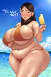  1girl bangs beach belly bikini blush bra breasts brown_eyes brown_hair cleavage curvy embarrassed english_text flower food hair_flower hair_ornament highres huge_breasts ice_cream long_hair looking_at_viewer navel ocean open_mouth original plump popsicle sky solo sunlight swimsuit thick_eyebrows thick_thighs thighs toroboro underwear 