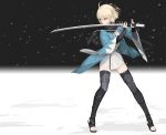  1girl ahoge akai2930 arm_guards black_bow black_scarf blonde_hair bow fate/grand_order fate_(series) fighting_stance full_body half_updo haori highres holding holding_sword holding_weapon japanese_clothes katana kimono leg_armor looking_to_the_side obi okita_souji_(fate) okita_souji_(fate)_(all) sash scarf serious short_kimono snow solo stirrup_legwear sword thighhighs toeless_legwear weapon wide_sleeves 