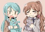  2girls :3 =_= ^_^ animal animal_ears animalization aqua_hair bang_dream! bangs blush blush_stickers bow brown_background brown_hair bunny_ears butterfly_hair_ornament cat closed_eyes eyes_closed green_eyes grey_jacket hair_ornament half_updo hanasakigawa_school_uniform haneoka_school_uniform hikawa_hina hikawa_sayo holding holding_animal holding_cat imai_lisa jacket long_hair minato_yukina multiple_girls outline paru-tan school_uniform simple_background sweatdrop upper_body v-shaped_eyebrows wavy_mouth white_outline yellow_bow yellow_eyes ||_|| 