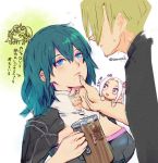 1boy 3girls aurastack beer_mug blonde_hair blue_eyes blue_hair byleth closed_mouth cup dimitri_alexandre_bladud_(fire_emblem) edelgard_von_hresvelgr_(fire_emblem) fire_emblem fire_emblem:_fuukasetsugetsu hand_on_another&#039;s_face holding holding_cup multiple_girls nintendo open_mouth short_hair simple_background sothis twitter_username white_background 