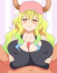  10s 1boy 1girl ^_^ baseball_cap between_breasts blonde_hair blush breast_grab breast_hold breasts closed_eyes dragon_girl dragon_horns drawsputin eyes_closed grabbing gradient_hair happy hat hetero highres horns huge_breasts kobayashi-san_chi_no_maidragon long_hair looking_at_viewer multicolored_hair paizuri paizuri_under_clothes penis quetzalcoatl_(maidragon) smile solo_focus tank_top uncensored upper_body 