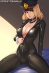  1girl absurdres arm_support bed blonde_hair bodysuit boku_no_hero_academia breasts brown_eyes cameltoe cleavage collar gluteal_fold highres large_breasts patreon_username shellvi sleeve_cuffs unzipping utsushimi_kemii 