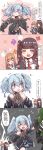  4girls 4koma =_= a_bao absurdres blue_hair blush blush_stickers brown_hair chinese_text closed_mouth comic commentary_request eyes_closed girls_frontline green_hair highres m1903_springfield_(girls_frontline) m950a_(girls_frontline) multiple_girls pa-15_(girls_frontline) purple_hair spit_take spitting surprised translation_request wa2000_(girls_frontline) 