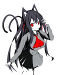  1girl animal_ear_fluff animal_ears ascot bangs black_hair breasts cat_ears cat_girl cat_tail chisuzu_mei collared_shirt eyebrows_visible_through_hair grey_shirt grey_skirt hair_between_eyes hair_ribbon hand_up highres long_hair long_sleeves looking_at_viewer medium_breasts multiple_tails nagato-chan parted_lips paryi_project pleated_skirt red_eyes red_neckwear red_ribbon ribbon shirt simple_background skirt solo tail tail_raised two_side_up two_tails v-shaped_eyebrows very_long_hair virtual_youtuber white_background 