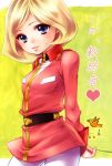  1girl blonde_hair blue_eyes breasts closed_mouth commentary_request gundam highres looking_at_viewer masaki3 military military_uniform mobile_suit_gundam pantyhose sayla_mass short_hair smile solo uniform white_legwear 
