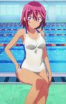  1girl absurdres bokutachi_wa_benkyou_ga_dekinai breasts collarbone dark_skin highres medium_breasts one-piece_swimsuit pink_hair purple_eyes screencap short_hair solo stitched swimsuit takemoto_uruka tan tanline thighs third-party_edit wet 