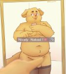  anthro balls bfkitsu1550 blush canid canine canis cellphone clothing covering covering_self domestic_dog hi_res legwear male mammal moobs navel obese overweight phone snapchat standing stockings sweat tongue tongue_out 