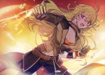  1girl amputee angry blonde_hair breasts cleavage fire long_hair mybff_s2 prosthesis prosthetic_arm red_eyes rwby yang_xiao_long 
