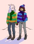  18:23 absurd_res anthro asriel_dreemurr boss_monster bovid caprine duo eyes_closed goat hand_holding happy hi_res human interspecies korahagu male male/male mammal protagonist_(undertale) scarf smile undertale video_games 