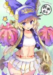  1girl :3 :d bangs baseball_cap blonde_hair blue_headwear commentary_request cowboy_shot crop_top green_background hat holding holding_pom_poms jacket last_period looking_at_viewer midriff miniskirt navel open_clothes open_jacket open_mouth pleated_skirt pom_poms purple_eyes puuakachan shirt short_hair_with_long_locks simple_background skirt smile solo speech_bubble standing star stomach tail translation_request uuryuu_(last_period) white_shirt white_skirt 