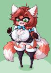  ailurid anthro big_breasts bottomless breasts cleavage clothed clothing female green_eyes hi_res legwear limebreaker mammal red_panda solo thigh_highs 