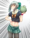  1girl ;) abs bangs blush bow bowtie brown_eyes doyagao food fruit green_hair grey_hair grey_legwear hair_bow hair_ribbon hand_on_hip highres holding holding_food holding_fruit kantai_collection long_hair looking_at_viewer melon midriff navel nuka_(nvkka) one_eye_closed pantyhose pleated_skirt ponytail ribbon school_uniform serafuku short_sleeves sidelocks skirt smile smug solo tank_top wristband yuubari_(kantai_collection) 