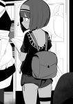  1girl absurdres apron ass backpack bag blush closed_mouth dark_skin dress frilled_apron frills from_behind greyscale hairband highres holding indoors looking_away mannequin monochrome original profile shirt short_hair short_shorts short_sleeves shorts smile solo standing thigh_strap toy_box-r waist_apron 