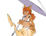  1girl animal_ears bikini cat_ears cat_girl fang orange_hair senatorwong shark shark_girl simple_background swimsuit tail umbrella white_background 