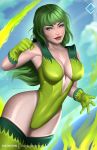  1girl artist_name beatriz_da_costa bodysuit breasts cleavage dc_comics endlesscomics fire fire_(dc_comics) freckles gloves green_eyes green_gloves green_hair green_legwear highres justice_league large_breasts long_hair matching_hair/eyes patreon_username smile solo thighhighs watermark web_address 