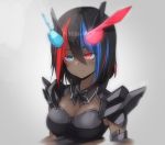  1girl bangs black_armor black_bow black_hair black_neckwear blue_eyes blue_hair blurry bow bowtie breasts cleavage closed_mouth commentary dark_skin detached_collar eki_doki expressionless genderswap genderswap_(mtf) glowing grey_background hair_between_eyes headgear heterochromia highres instagram_username kamen_rider kamen_rider_build kamen_rider_build_(series) looking_away medium_breasts medium_hair multicolored_hair red_eyes red_hair rider-tan shiny shiny_hair shoulder_armor solo streaked_hair tsurime upper_body 