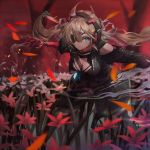  1girl album_cover bangs between_breasts black_coat black_pants black_shirt blonde_hair blue_eyes breasts coat cover expressionless eyepatch floating_hair gesoking06 hair_between_eyes hair_ribbon hands_up headphones highres large_breasts long_hair long_sleeves looking_at_viewer low_twintails mechanical_arm messy_hair open_clothes open_coat original outdoors pants ribbon shirt sidelocks standing strap_between_breasts twintails white_ribbon 