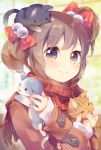  1girl :3 animal animal_on_head animal_on_shoulder bangs bell black_eyes blurry blurry_background bow brown_coat brown_hair cat cat_day cat_on_head cat_on_shoulder coat commentary_request ech hair_bell hair_bow hair_ornament holding holding_cat jingle_bell long_sleeves looking_at_viewer nail_polish on_head original plaid plaid_scarf red_bow red_nails red_scarf scarf short_twintails sidelocks solo twintails upper_body 