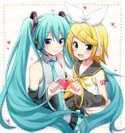  2girls :3 bare_shoulders black_skirt blonde_hair blue_eyes blue_hair blue_nails blue_neckwear blush breasts detached_sleeves eyebrows_visible_through_hair fingernails flat_chest frame grey_shirt hair_between_eyes hair_ornament hair_ribbon hairclip happy hatsune_miku headset heart heart_background heart_hands kagamine_rin long_hair multiple_girls musical_note nail_polish navel necktie number_tattoo pleated_skirt ribbon sailor_collar shirt short_hair shoulder_tattoo simple_background skirt sleeveless sleeveless_shirt small_breasts smile striped striped_background sudachi_(calendar) tattoo teeth treble_clef twintails upper_body upper_teeth very_long_hair vocaloid white_background white_ribbon white_shirt yellow_nails yellow_ribbon 