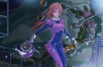  1girl bodysuit breasts brown_hair closed_mouth commentary_request gloves groin gundam gundam_unicorn hasuu helmet kshatriya long_hair looking_at_viewer marida_cruz mecha military military_uniform pilot_suit ponytail solo spacesuit uniform white_gloves 