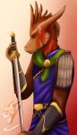  anthro armor avian dragon european_mythology greek_mythology hi_res hybrid icy-marth male melee_weapon mythological_bird mythological_firebird mythology phoenix solo sword weapon 