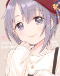  1girl absurdres beret blush dated eyebrows_visible_through_hair grey_eyes grey_hair happy_birthday hat heart highres idolmaster idolmaster_cinderella_girls jewelry looking_at_viewer necklace otokura_yuuki ribbon short_hair signature sleeves_past_wrists smile solo star star_necklace sweater upper_body yui_(spica) 