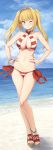  1girl ;) ahoge akita_hika anklet bangs bare_legs bare_shoulders beach bead_bracelet beads bikini blue_sky blush bracelet breasts cleavage closed_mouth collarbone criss-cross_halter day earrings fate/grand_order fate_(series) full_body green_eyes hair_between_eyes hair_intakes halterneck hands_on_hips highres horizon jewelry large_breasts legs long_hair looking_at_viewer navel nero_claudius_(fate)_(all) nero_claudius_(swimsuit_caster)_(fate) ocean one_eye_closed outdoors red_bikini sand sandals side-tie_bikini sky smile solo standing striped striped_bikini swimsuit thighs twintails 