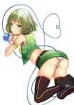  1girl alternate_costume armband ass bangs bare_arms bare_shoulders belt black_belt black_footwear black_legwear breasts commentary_request crop_top ebi_193 eyebrows_visible_through_hair feet_out_of_frame green_eyes green_hair green_panties green_skirt green_vest heart heart_of_string komeiji_koishi looking_at_viewer looking_back medium_breasts midriff miniskirt no_hat no_headwear panties pencil_skirt shoes short_hair simple_background skindentation skirt skirt_lift smile solo striped striped_panties thighhighs thighs third_eye touhou underwear vest white_background 