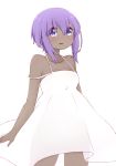  1girl bangs bare_arms bare_shoulders blush breasts collarbone dark_skin dress eyebrows_visible_through_hair fate/prototype fate/prototype:_fragments_of_blue_and_silver fate_(series) hair_between_eyes hassan_of_serenity_(fate) i.u.y looking_at_viewer parted_lips purple_eyes purple_hair see-through see-through_silhouette simple_background sleeveless sleeveless_dress small_breasts smile solo white_background white_dress 