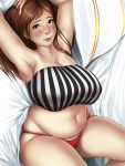  1girl armpits arms_up belly black_eyes blush breasts brown_hair highres huge_breasts long_hair looking_at_viewer lying on_back original plump smile solo tongue tongue_out toroboro wide_hips 
